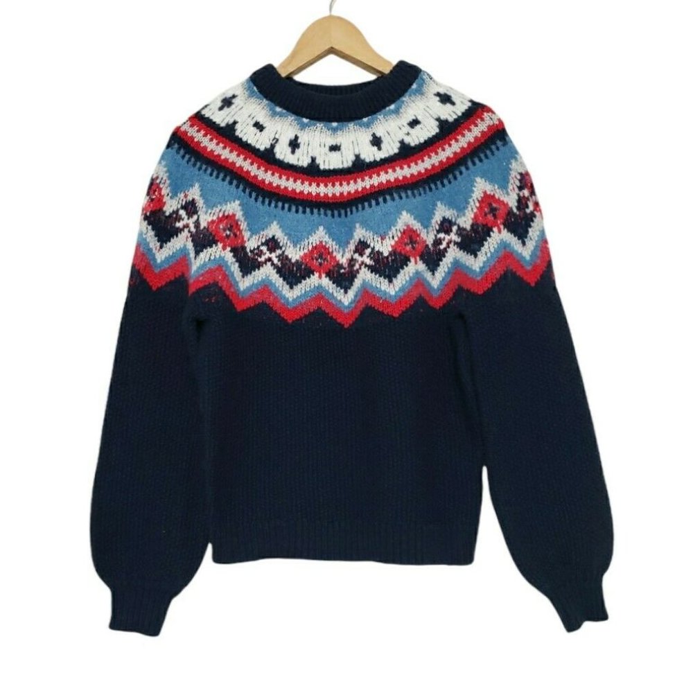 J. Crew Zigzag Fair Isle Sweater Wool Blend Navy Blue in Small